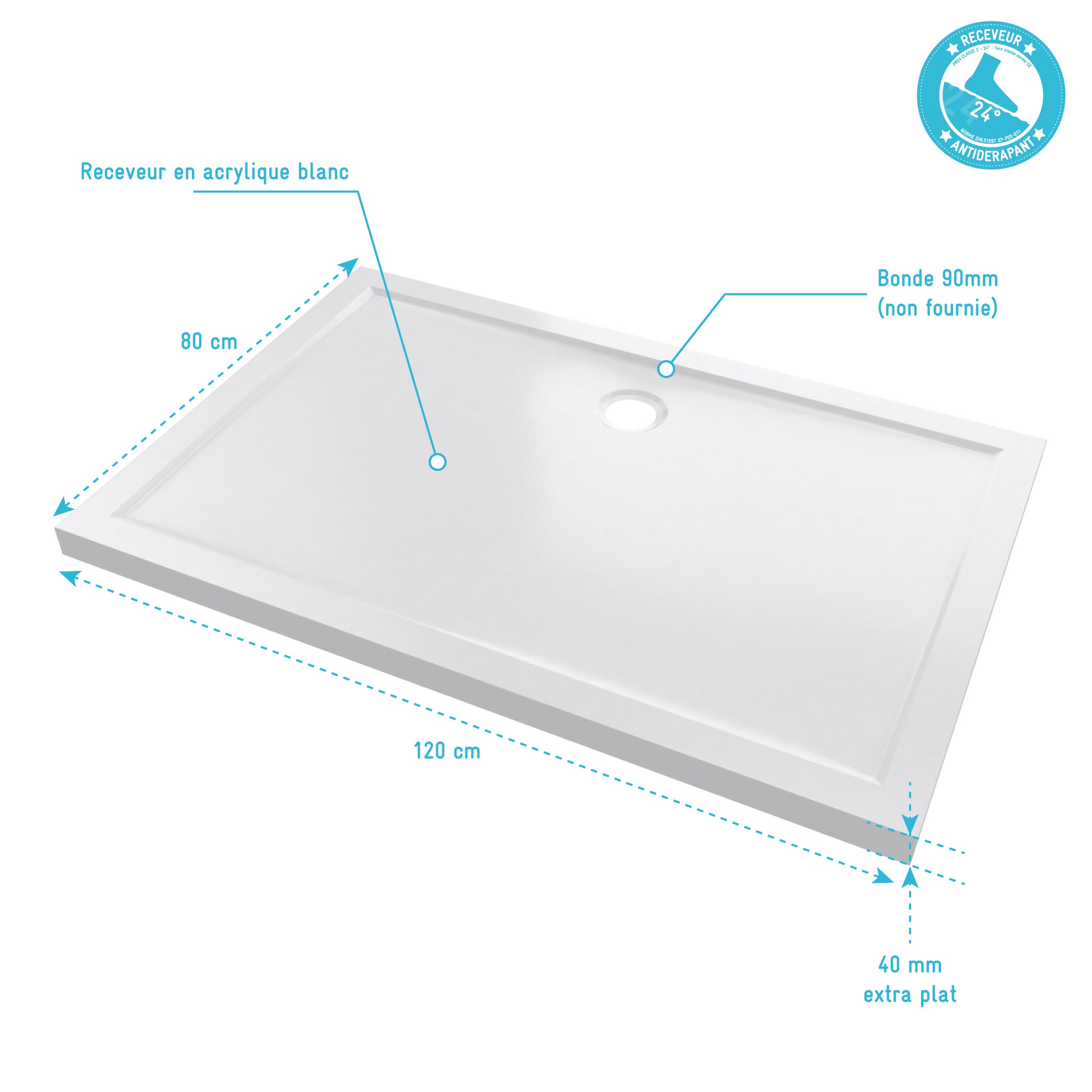 RECEVEUR DE DOUCHE A POSER EXTRA-PLAT ACRYLIQUE BLANC RECTANGLE - 120x80 WHITENESS 120 - 4