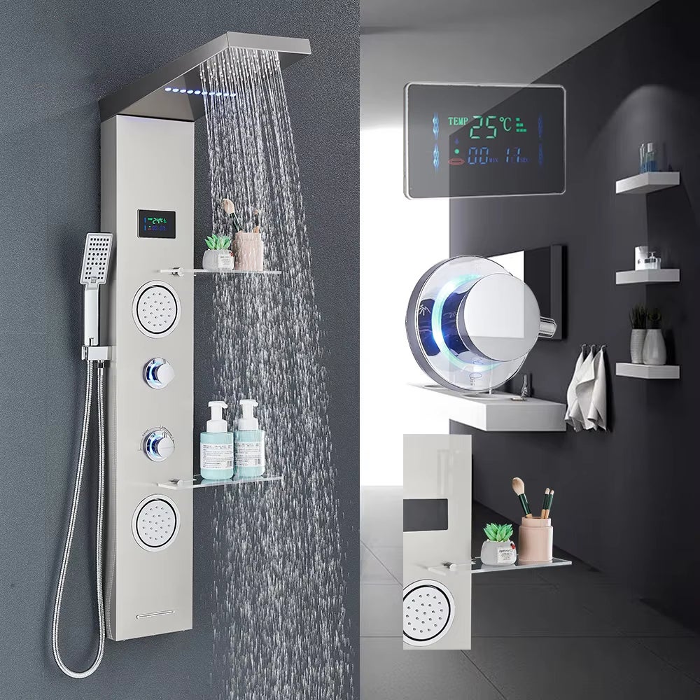 Kaket conjunto de ducha de lluvia, pantalla digital multifuncional, sistema de columna de ducha, cabezal de ducha de spa con estante