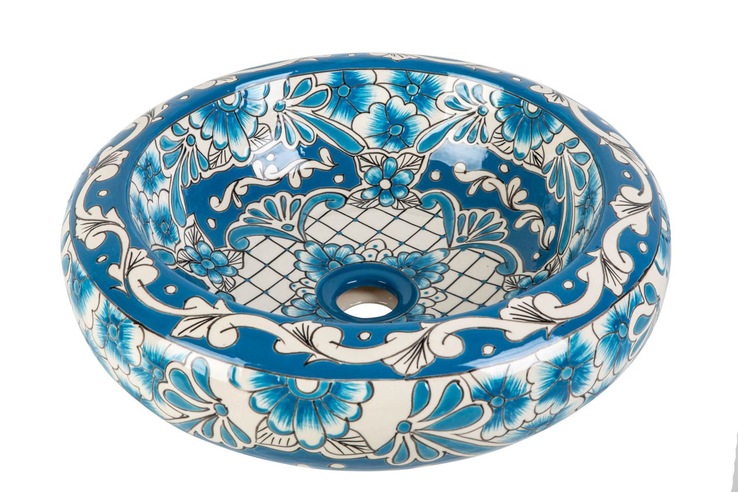 Meksykańska ceramiczna umywalka nablatowa z reliefem Lorena Prima – okrągła umywalka łazienkowa 40 x 13,5 cm | Umywalka z motywami Talavera