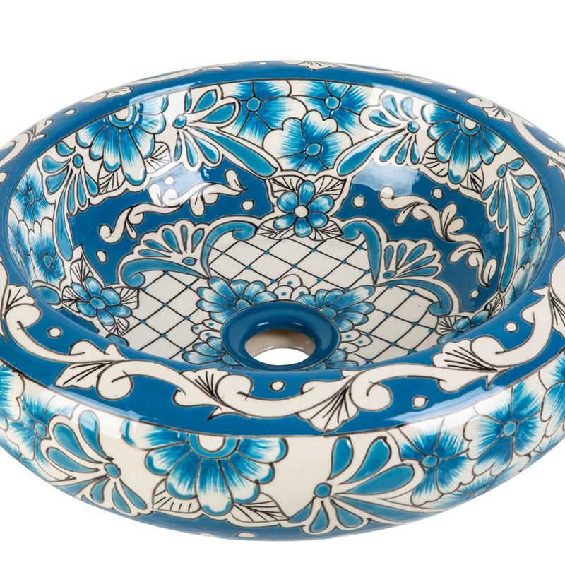 Meksykańska ceramiczna umywalka nablatowa z reliefem Lorena Prima – okrągła umywalka łazienkowa 40 x 13,5 cm | Umywalka z motywami Talavera