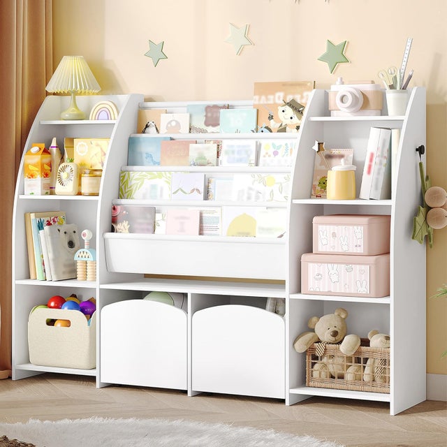 140cm estanteria Infantil con Revistero, 3 Columnas y 4 Baldas, Organizador de Juguetes, Almacenamiento con Caja, 30 x 140 x 100 cm, Blanco