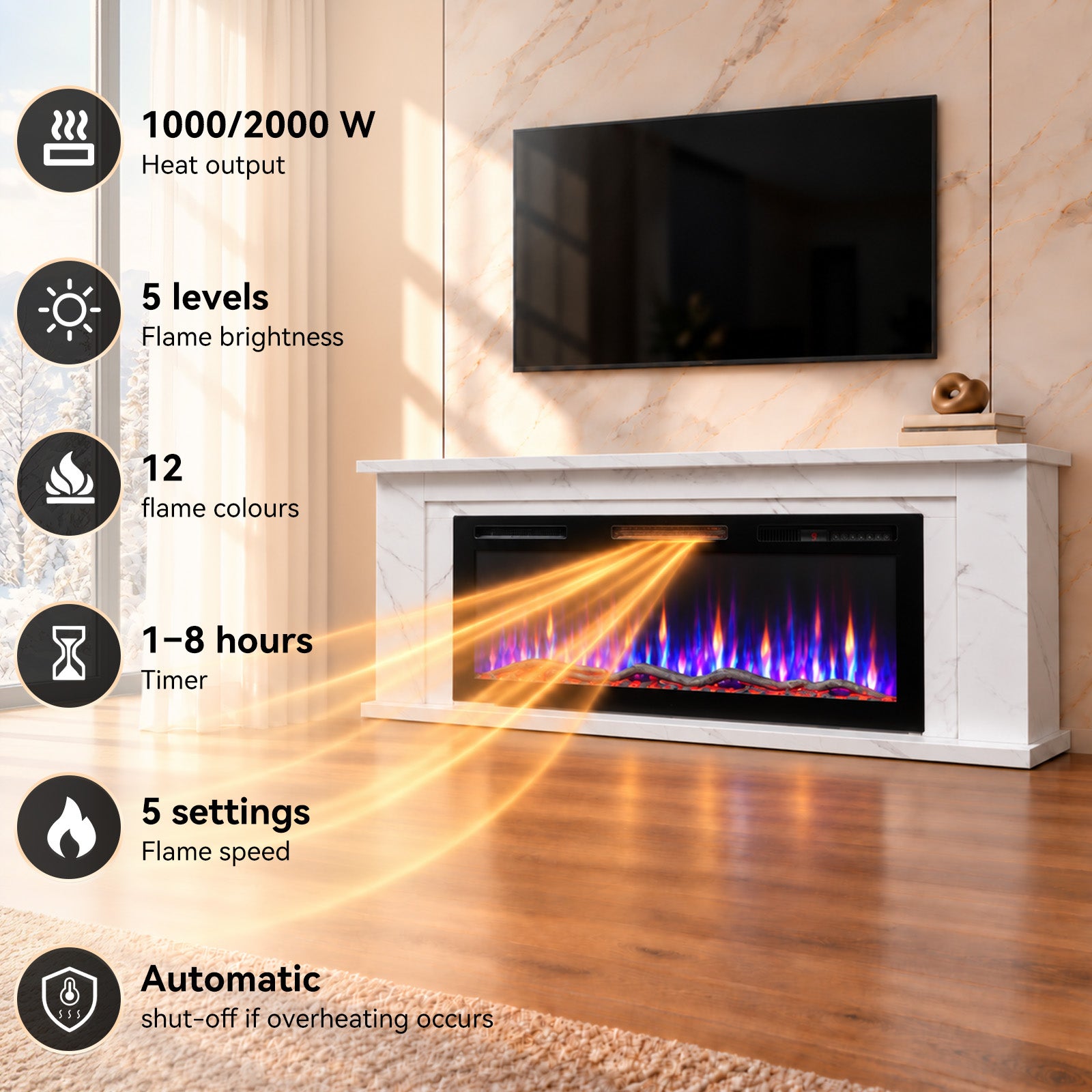 Cheminée électrique avec meuble, 50 pouces, chauffage 1000/2000 W ...