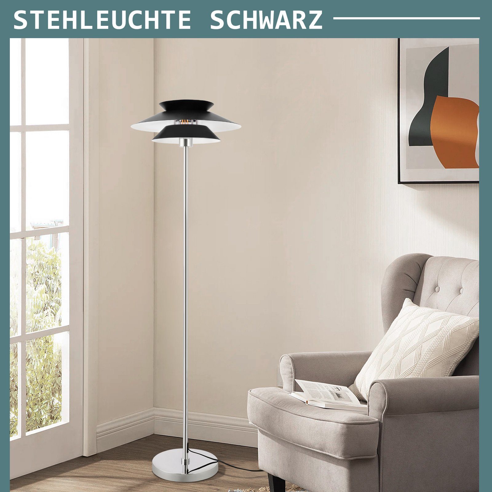 ZMH Lampadaire E27 vintage lampe sur pied noire commande au pied métal Industriel 145cm (Chambre/Bureau) - 8