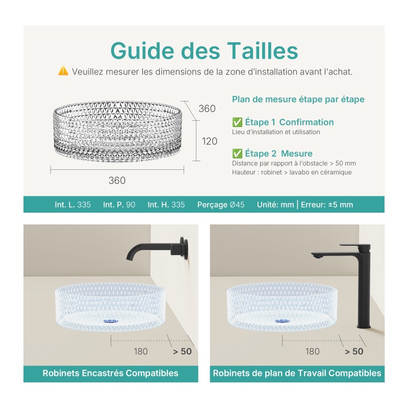 EMKE Umywalka nablatowa 36x36x11.2 cm, Okrągła umywalka z przezroczystego szkła, montaż na blacie