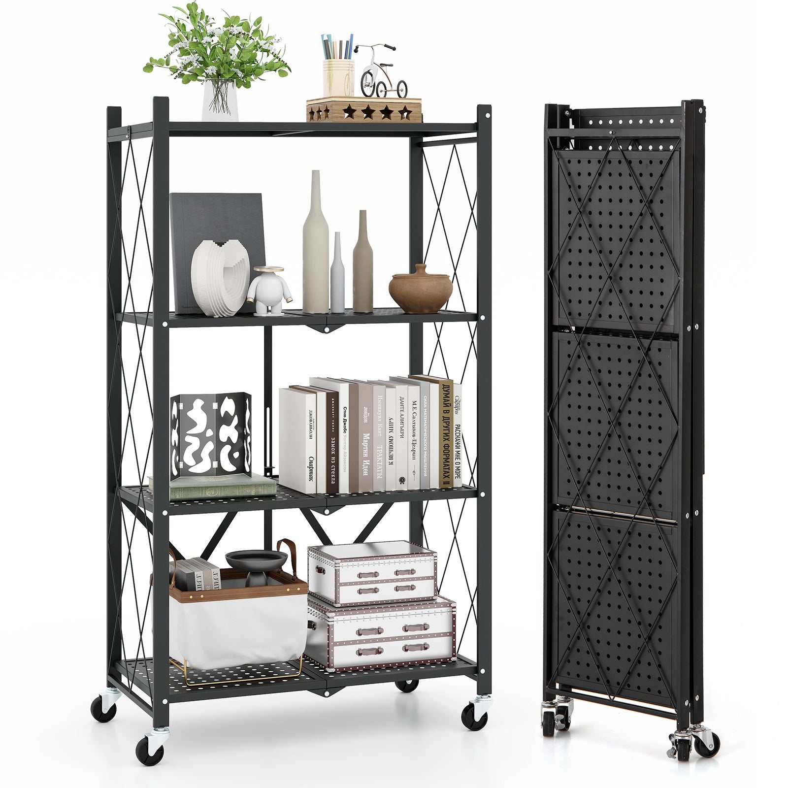Regał do dużych obciążeń, składany, 4 poziomy, regał stojący z regulowanymi kółkami, regał kuchenny z metalową ramą, czarny, 71 x 34 x 126 cm