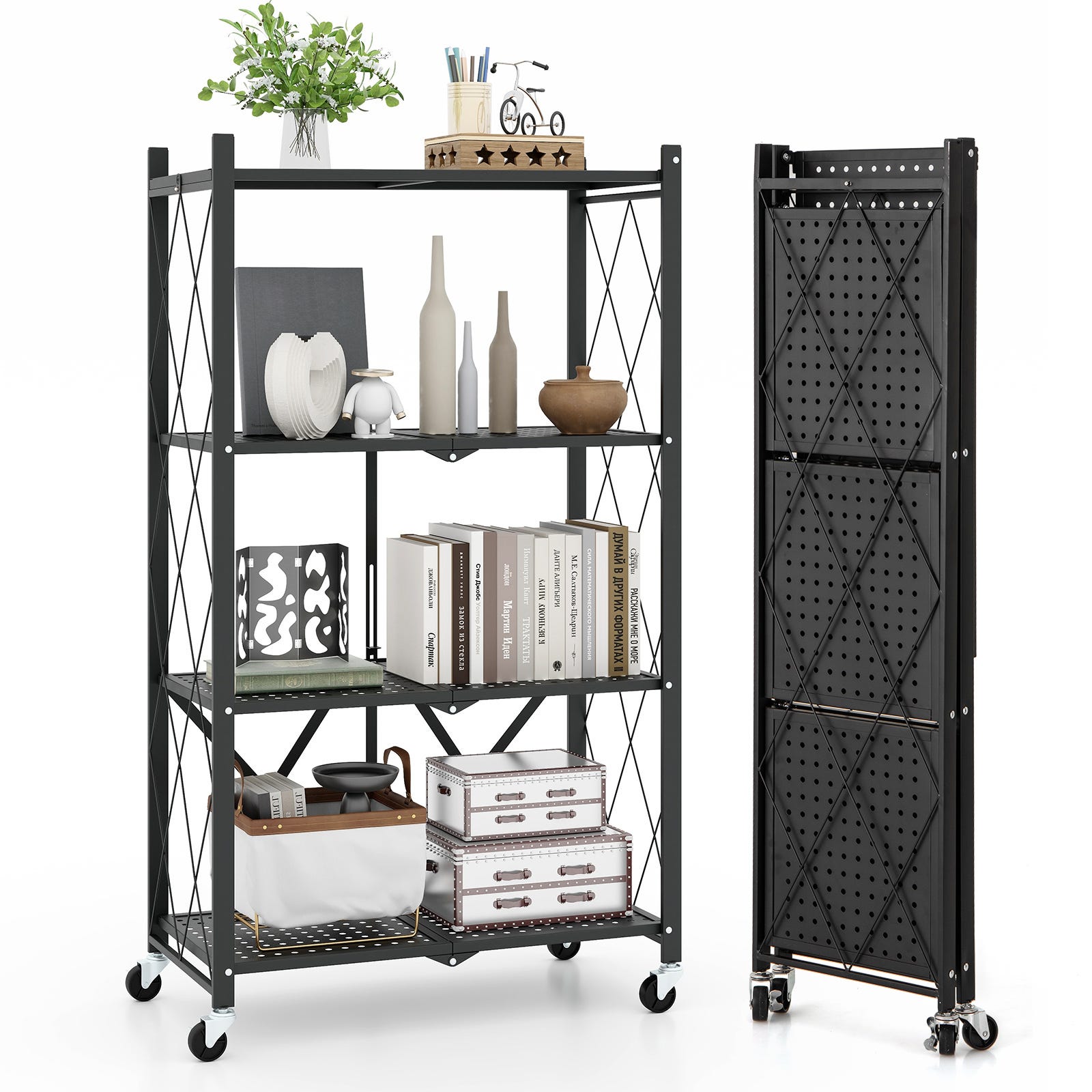 Étagère Pliante Métal 3 Niveaux Noir Sur Roulettes – Charge Lourde, 71,5 X 36,5 X 87 Cm, Cuisine, Bureau, Garage