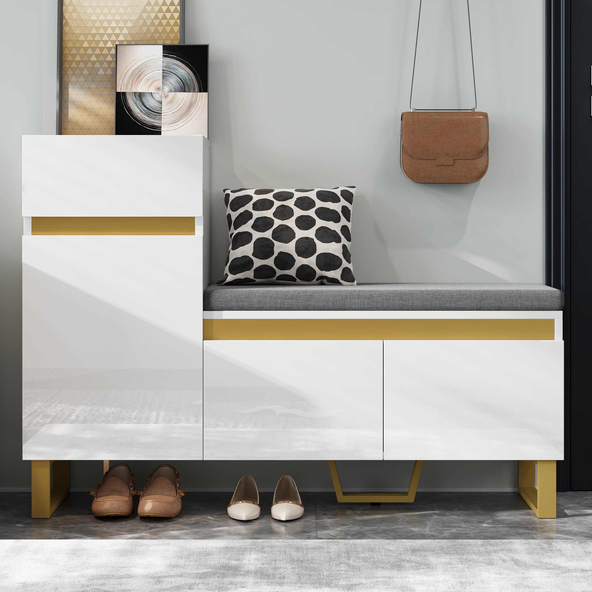 Szafka na buty z ławką, poduszką, 3 drzwiami i 1 szufladą - 120 x 35 x 85 cm - MDF - biała - 8