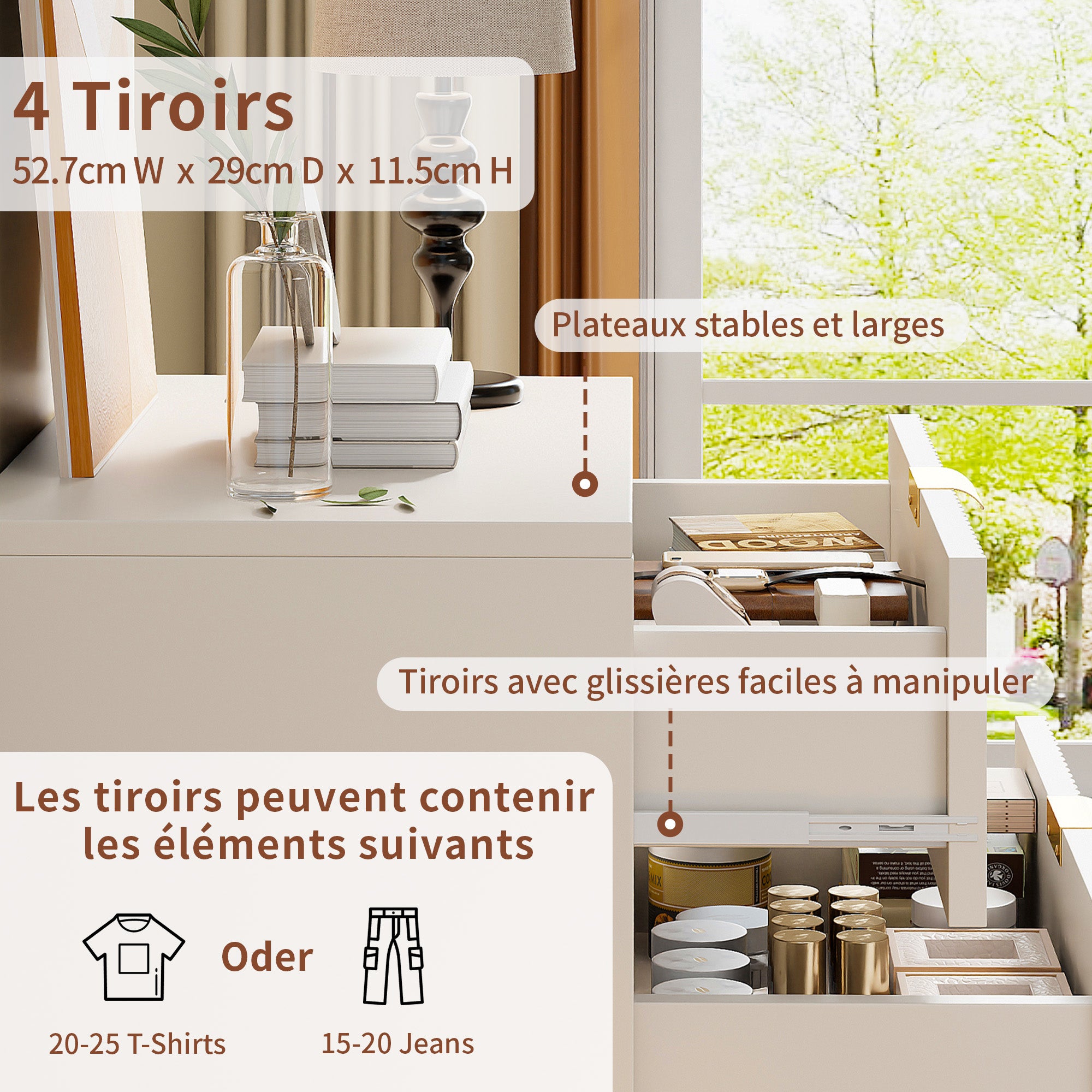 Commode 4 tiroirs blanche avec façade à motif ondulé, poignées dorées et pieds en métal, style moderne, grand espace de rangement - 3