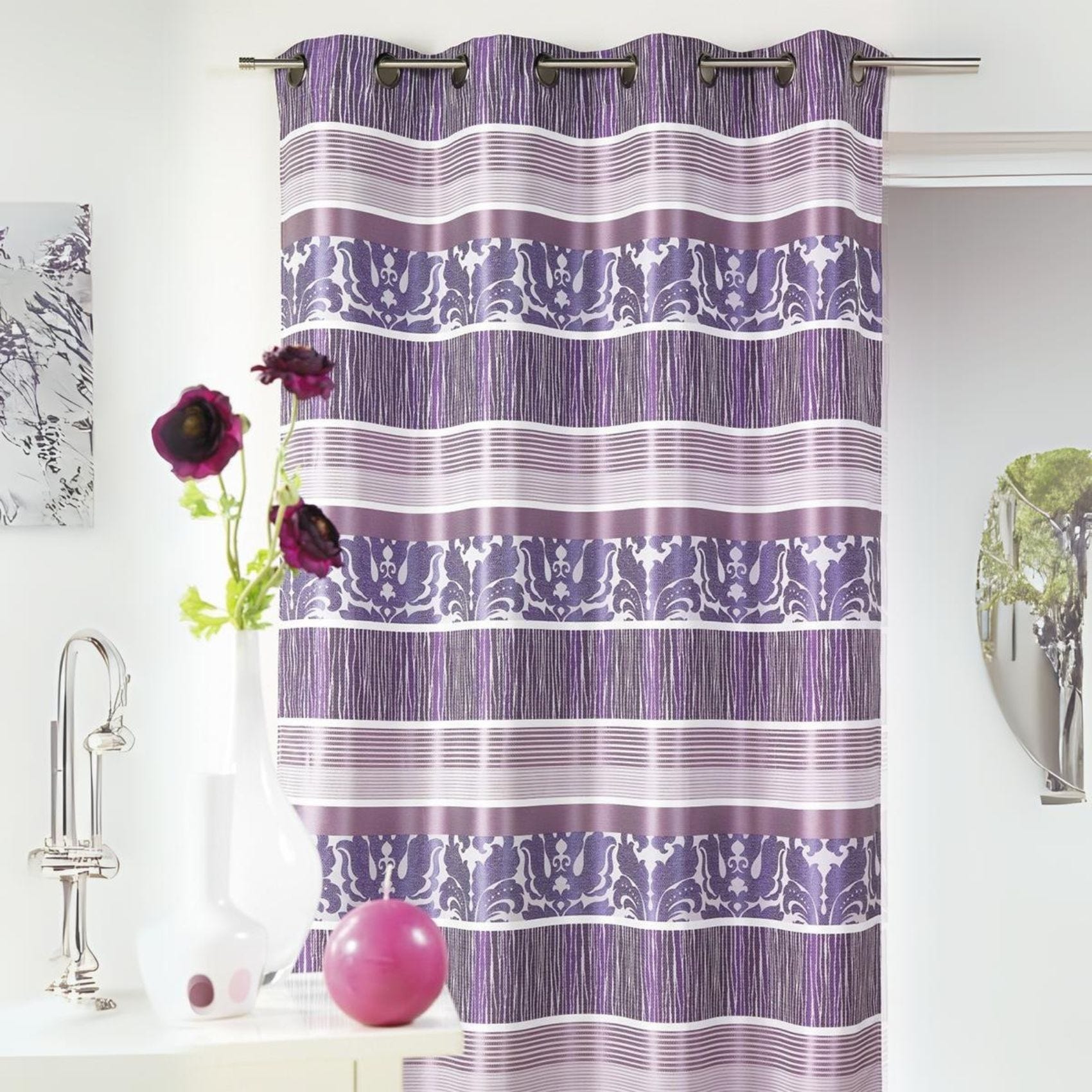 Rideau en jacquard à rayures horizontales colorées - Vieux rose ...