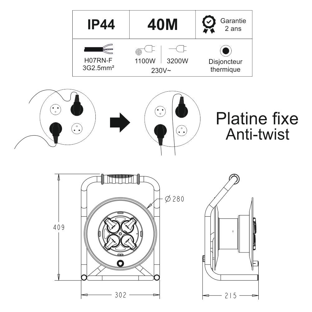 Enrouleur PRO de chantier 3G2.5 40m IP44 platine fixe (anti twist) - câble H07RN-F- 4 prises 16A - garantie 2 ans - 4