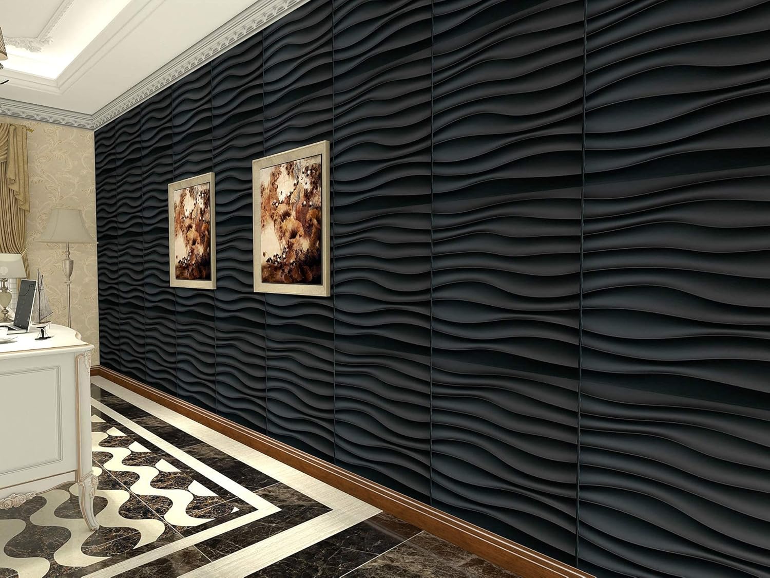 Lot de 12 Panneaux Muraux 3D Ondulés en PVC 50×50 cm – Panneaux Décoratifs Muraux pour Décoration Intérieure Salon Chambre, Noir (3㎡) - 3