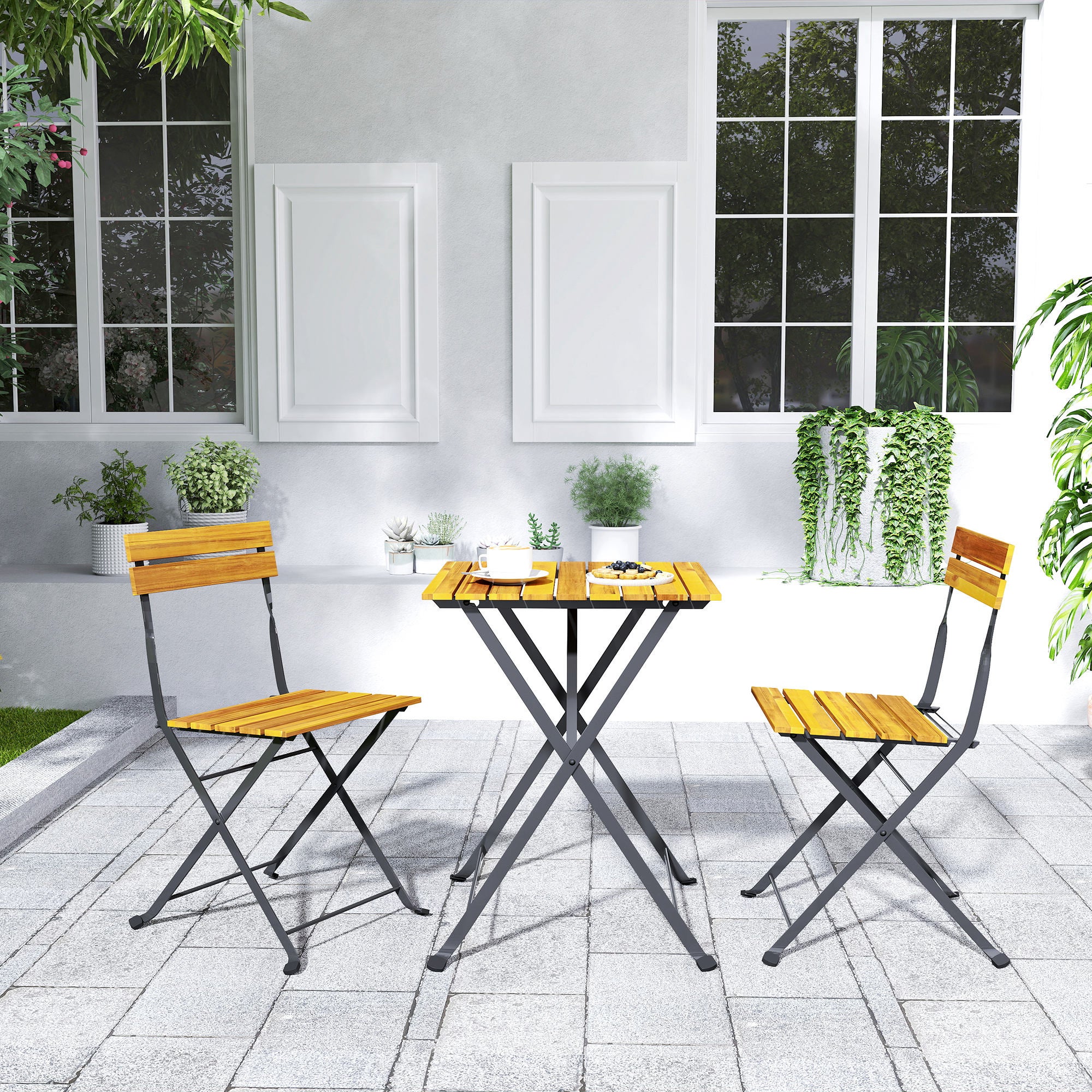 Ensemble bistrot de jardin 3 pièces avec 2 chaises et table basse en bois d'acacia et acier effet bois naturel - 3