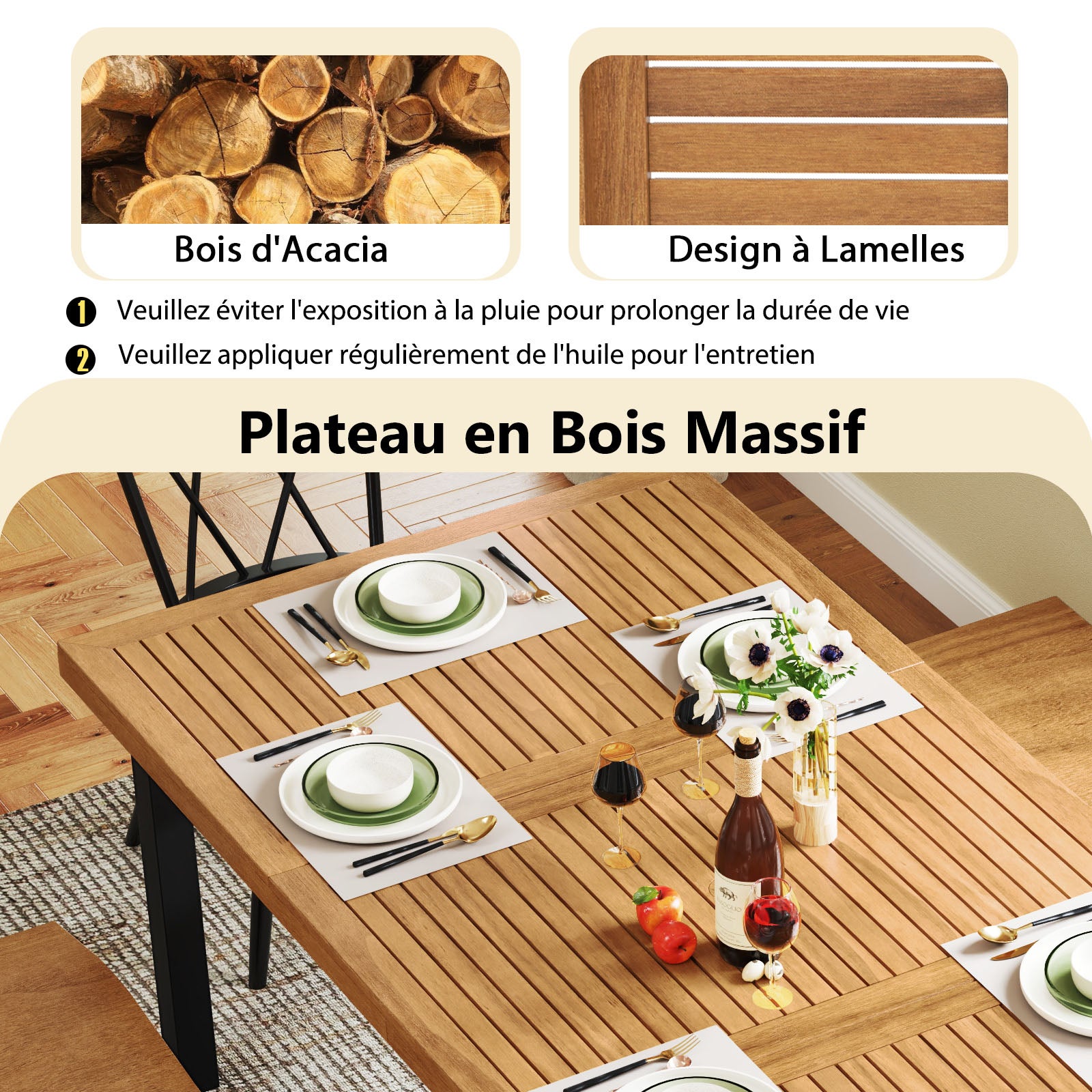 Table à Manger Extérieur en Bois d'Acacia Certifié FSC pour 8 Personnes, Table 200x100 cm avec Trou pour Parasol 5 cm, Pied en Métal - 4