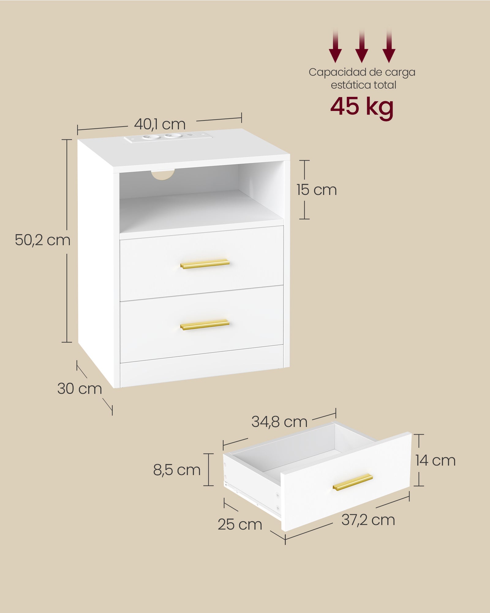 CUSTOS Colección - Mesita de Noche con Estación de Carga, Luz LED, Mesa Auxiliar con Cajones, Estante Abierto, 2 Tomas CA y Puertos USB, Blanco Nube - 4