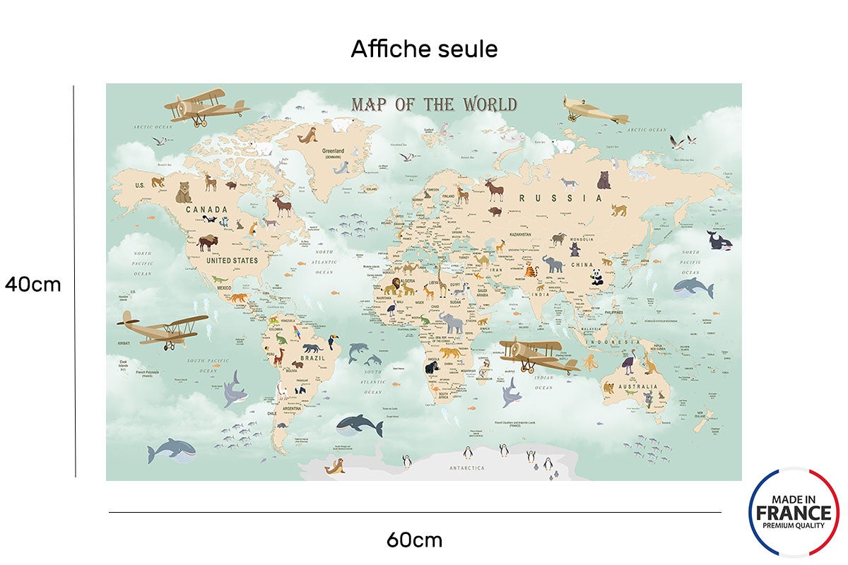 Affiche enfant map of animals world - 60x40cm - made in France - 2