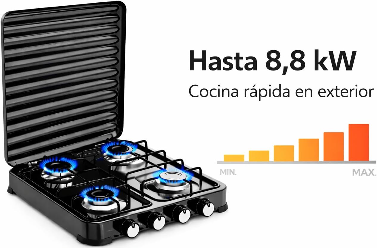 Fogão a Gás Portátil 4 Bocas (4 Queimadores) 8,8 kW · Camping Exterior · Para Butano e Propano · Tampa rebatível · Chama regulável - 4