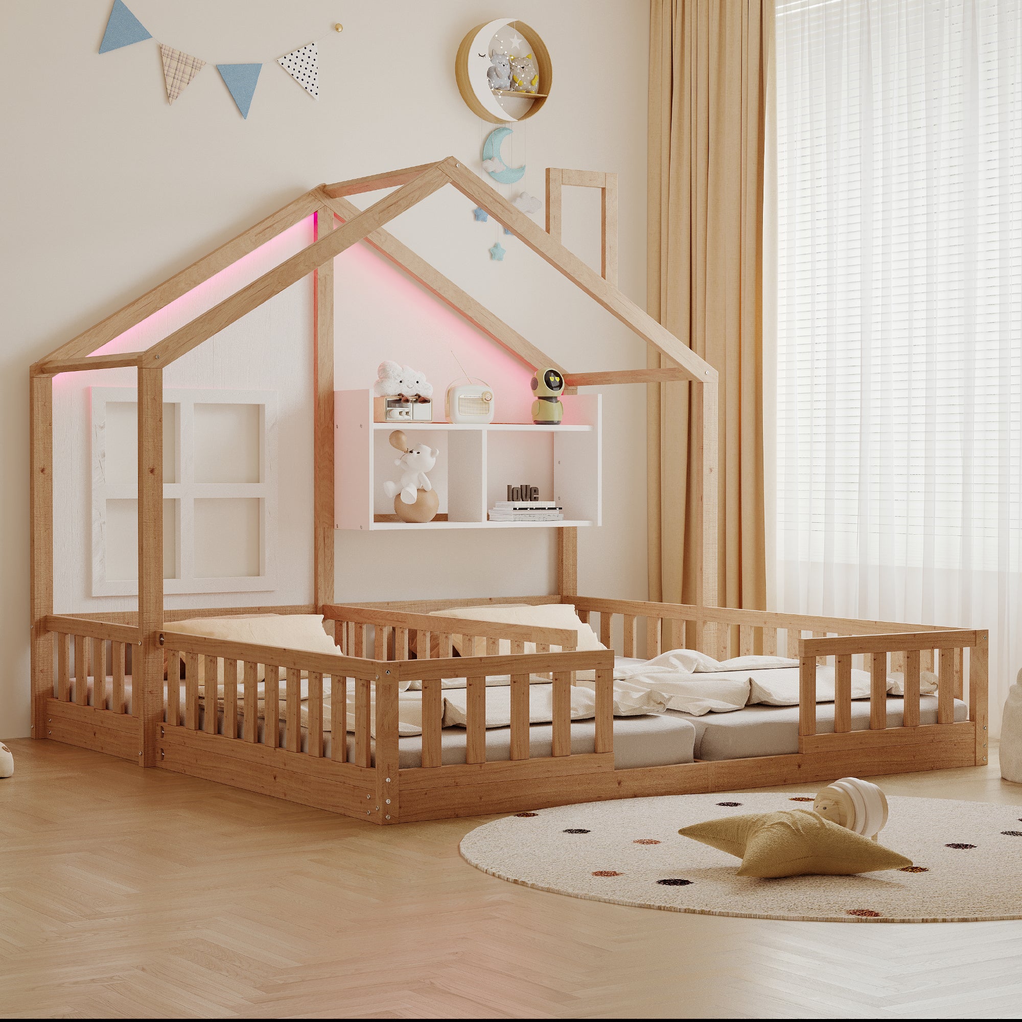 Łóżko domkowe dziecięce 90 x 200 cm - z oświetleniem LED - z barierkami bezpieczeństwa - z półkami do przechowywania - naturalny​