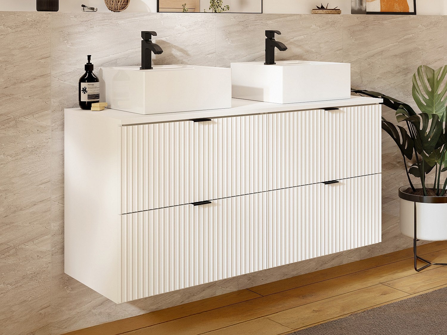 Wisząca ryflowana szafka łazienkowa z okrągłą umywalką nablatową kwadratową - Biały mat - 120 cm - ZEVINI