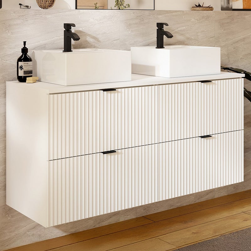 Wisząca ryflowana szafka łazienkowa z okrągłą umywalką nablatową kwadratową - Biały mat - 120 cm - ZEVINI