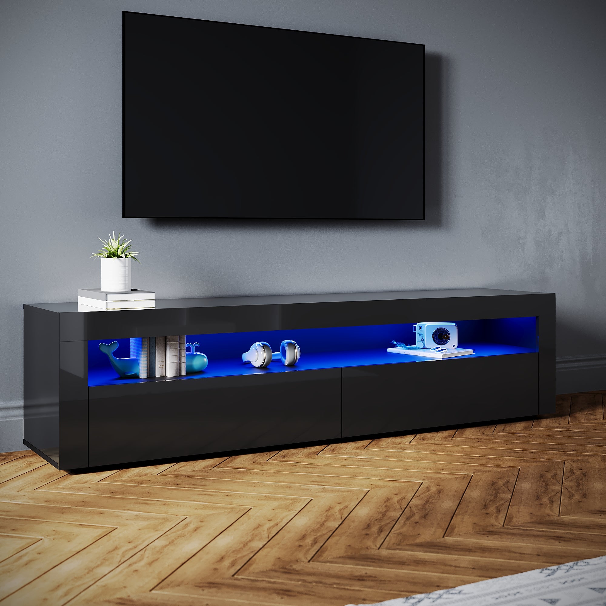 SIRHONA Meuble TV LED Moderne Sans Tirette + Double Porte + Noir + 180cm - 2