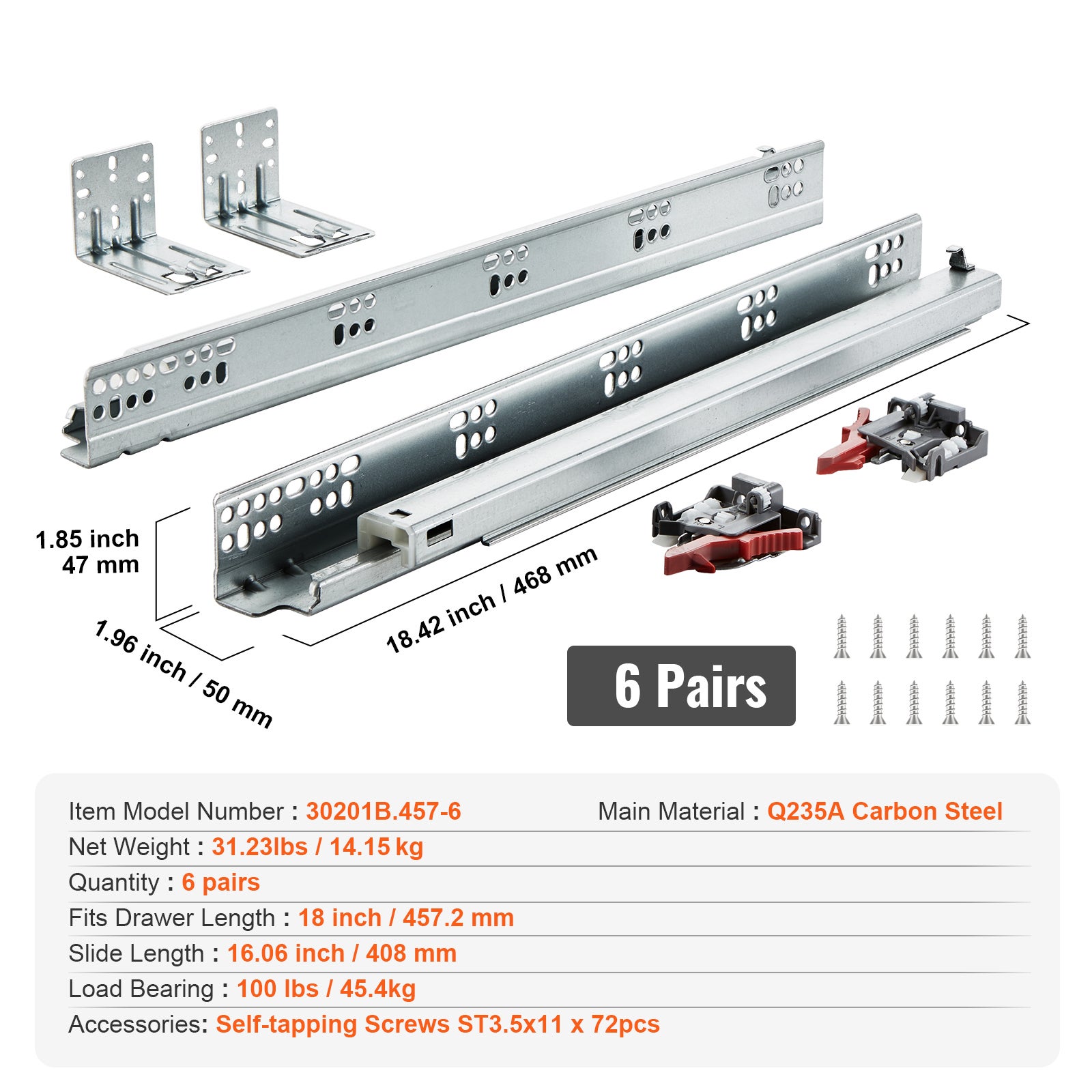 Lot de SucceBuy 6 paires glissières de tiroir à montage inférieur 457,2 mm,rails d'extension à fermeture,glissières à roulement à billes complètes - 9