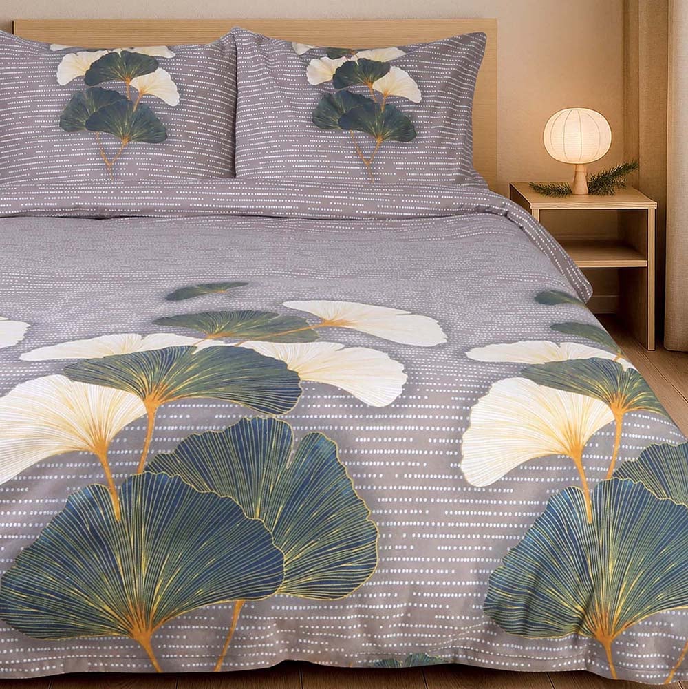 Pościel flanelowa 220x200 Solenne Dark szara, liście miłorzębu, Flanelove - Darymex