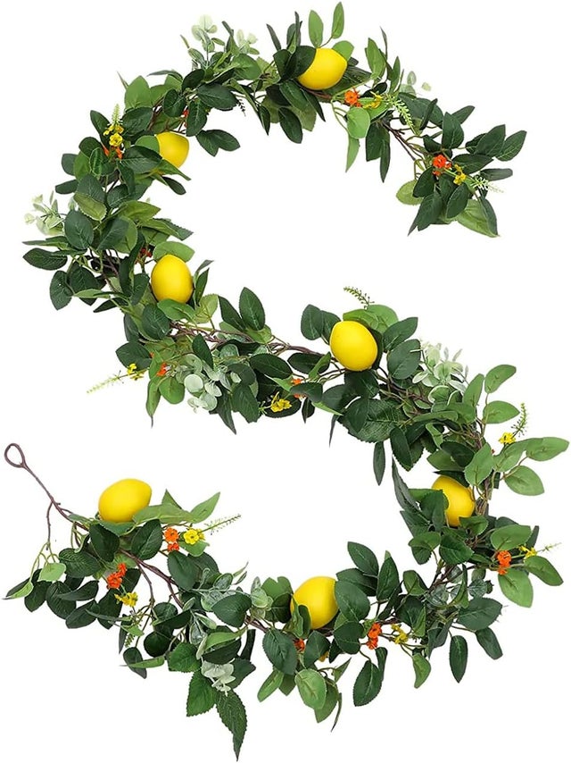 1,85 m Artificielle Guirlande avec 7 Citrons Jaunes, Fausses Feuilles de Vigne Rose, Citronguirlande de Fruits de Printemps pour Porte D'entréeTa