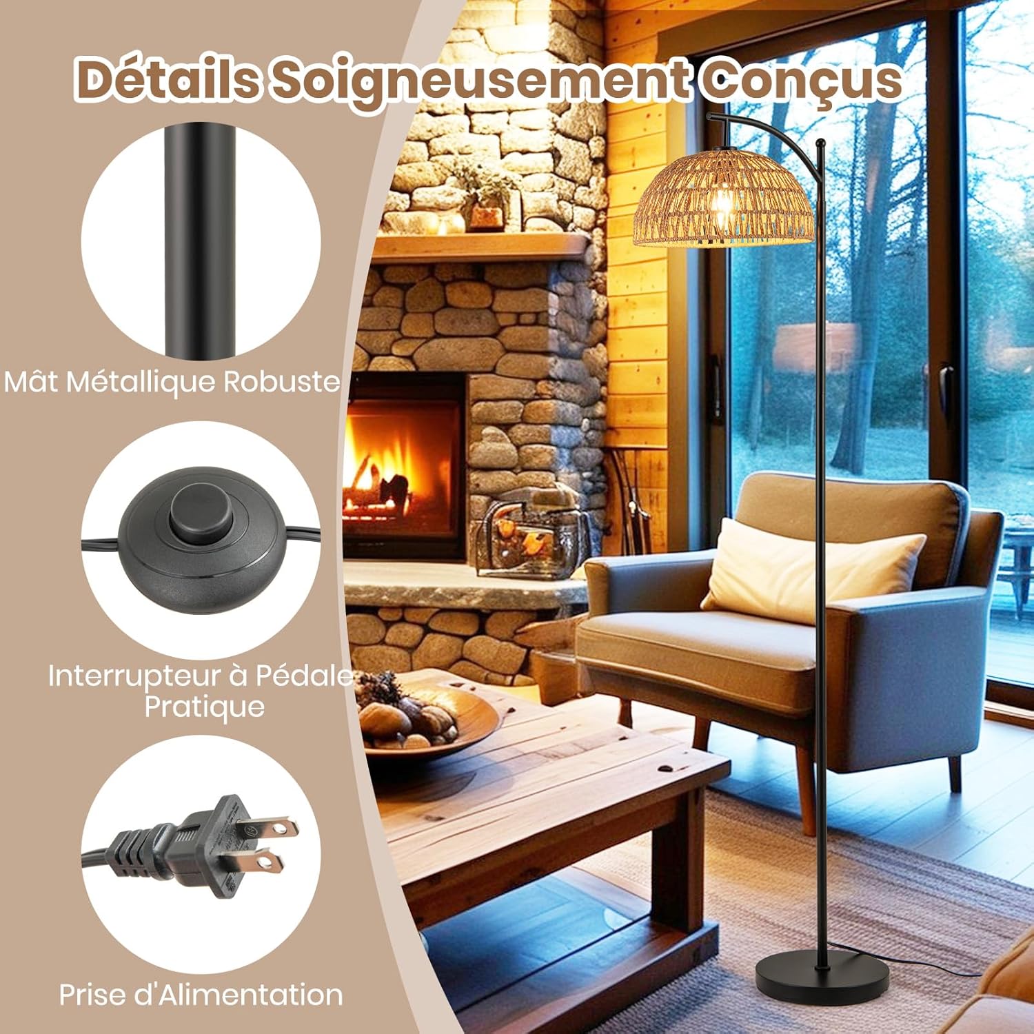 Lampa Stojąca z Abażurem z Wiszącej Papierowej Liny, 25 × 25 × 160 cm, Lampa Stojąca z Metalową Ramą i Włącznikiem Nożnym