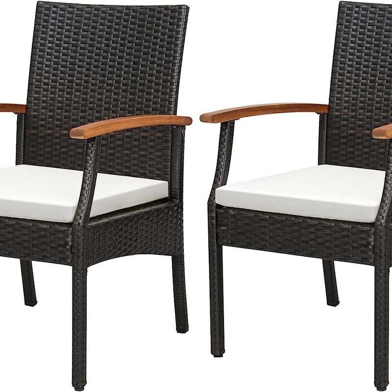 Zestaw 2 krzeseł rattanowych, z polirattanu, z oparciem i podłokietnikami z drewna, siedzisko ogrodowe z poduszką do siedzenia, fotel rattanowy
