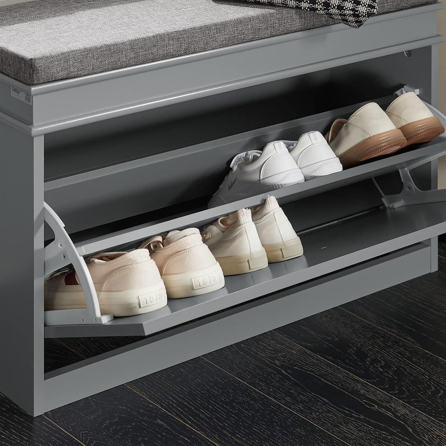 SoBuy Banc à Chaussures Meuble à Chaussures avec Assise Coussin Rembourré et Abattant – Gris, FSR82-L-HG - 5