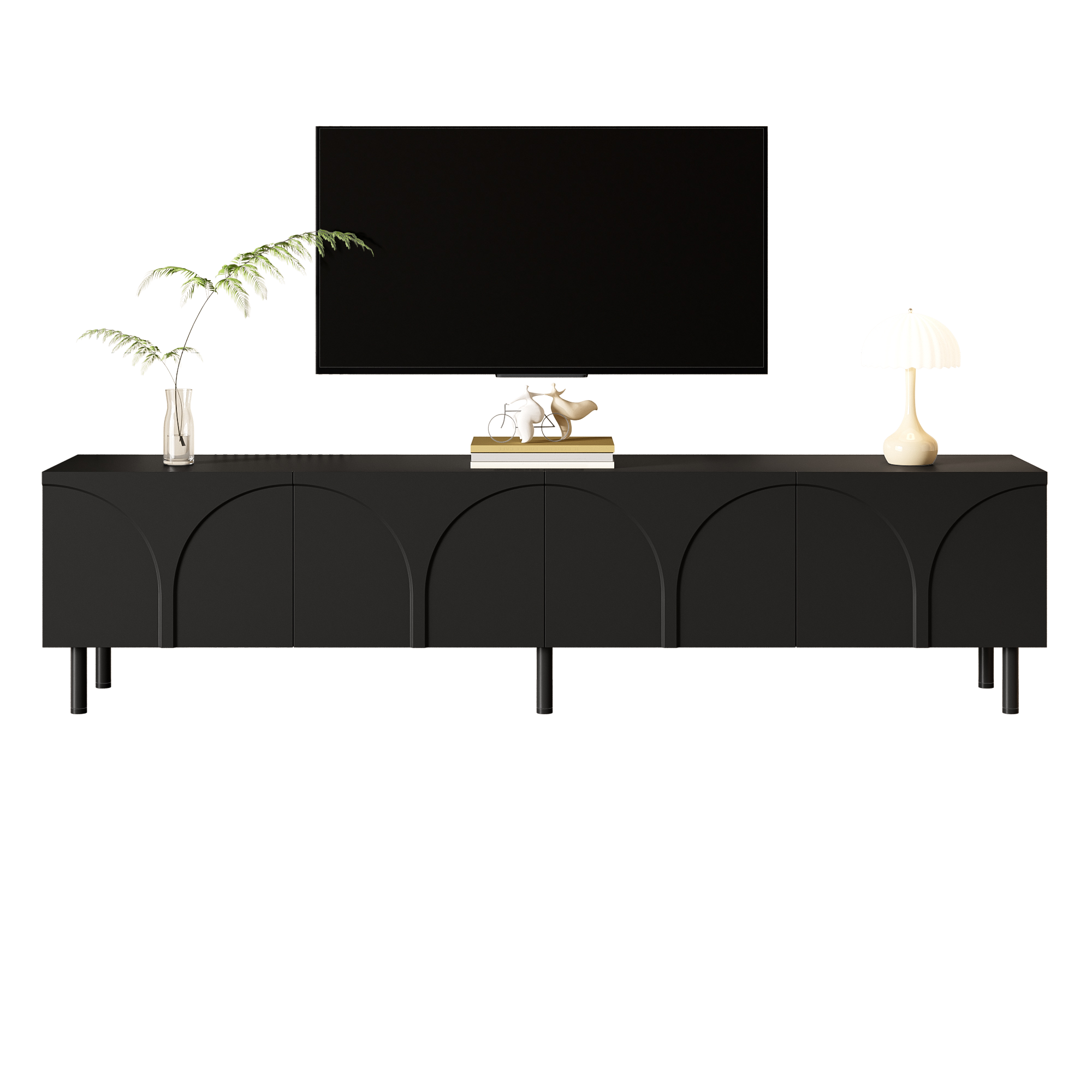 Stojak pod telewizor z 4 drzwiami o trójwymiarowych zakrzywionych liniach – 180 x 35 x 49 cm – Płyta wiórowa i MDF – Nogi metalowe – Czarny - 2