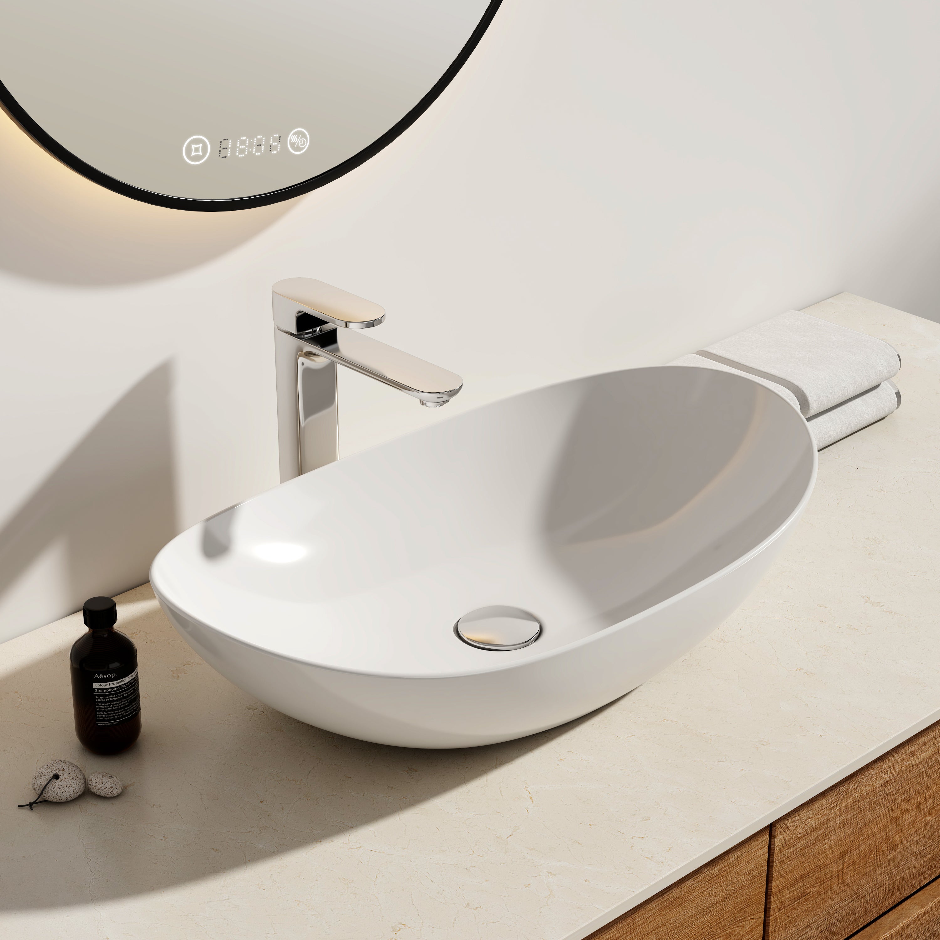 EMKE Umywalka nablatowa 61.5×36×15.5 cm, Owalna Umywalka ceramiczna łazienkowa, brylantowa biel