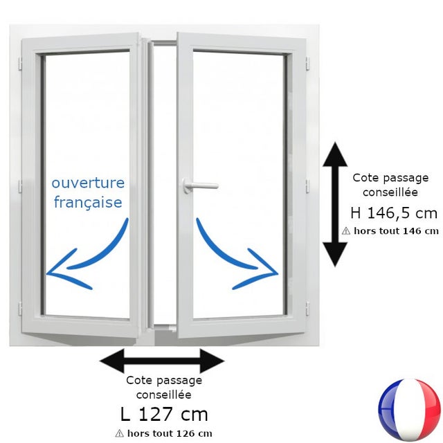 Fenêtre PVC blanc 2 vantaux hors tout H 146 x L 126 cm ouverture française pour pose rénovation