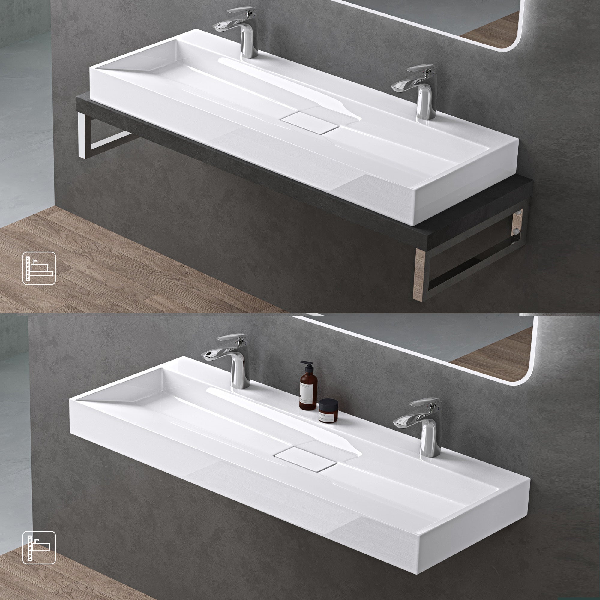 doporro Lavabo Suspendu avec Bonde Vasque à Poser Blanc 120x46x11cm Lave Mains Rectangulaire Colossum19 - 4