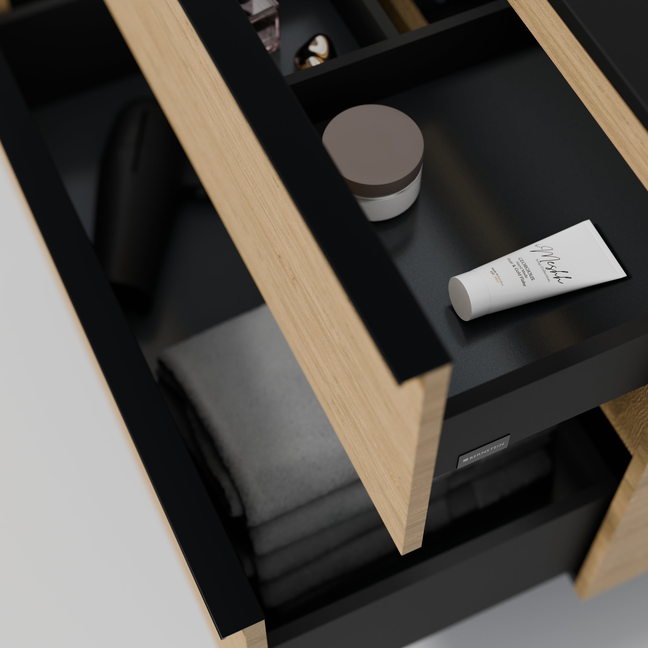 BERNSTEIN - Meuble sous vasque suspendu MDF Chêne miel, plan vasque Bleu nuit mat, poignée Anthracite mat - 100x46x62cm - LAVOA - 5