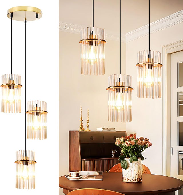 ZMH Lustre Vintage 3 Braços em Vidro Dourado E27 (Sem Lâmpada)