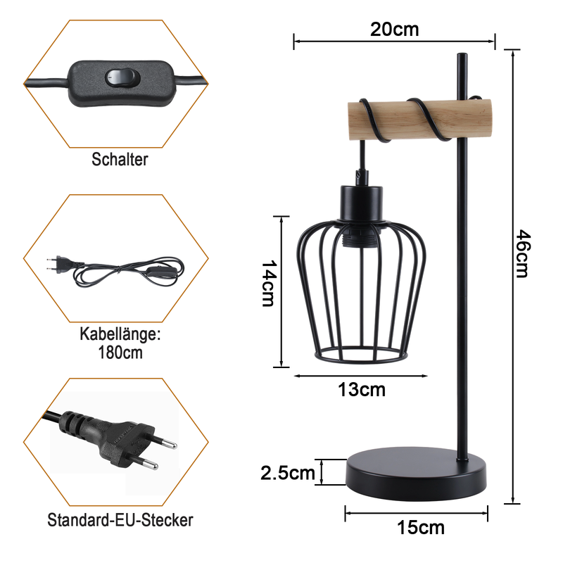 Lámpara de mesa NETTLIFE para salón, lámpara de mesa vintage de madera: lámpara de noche negra, 1 luz, diseño, metal, casquillo E27 - sin bombilla - 3