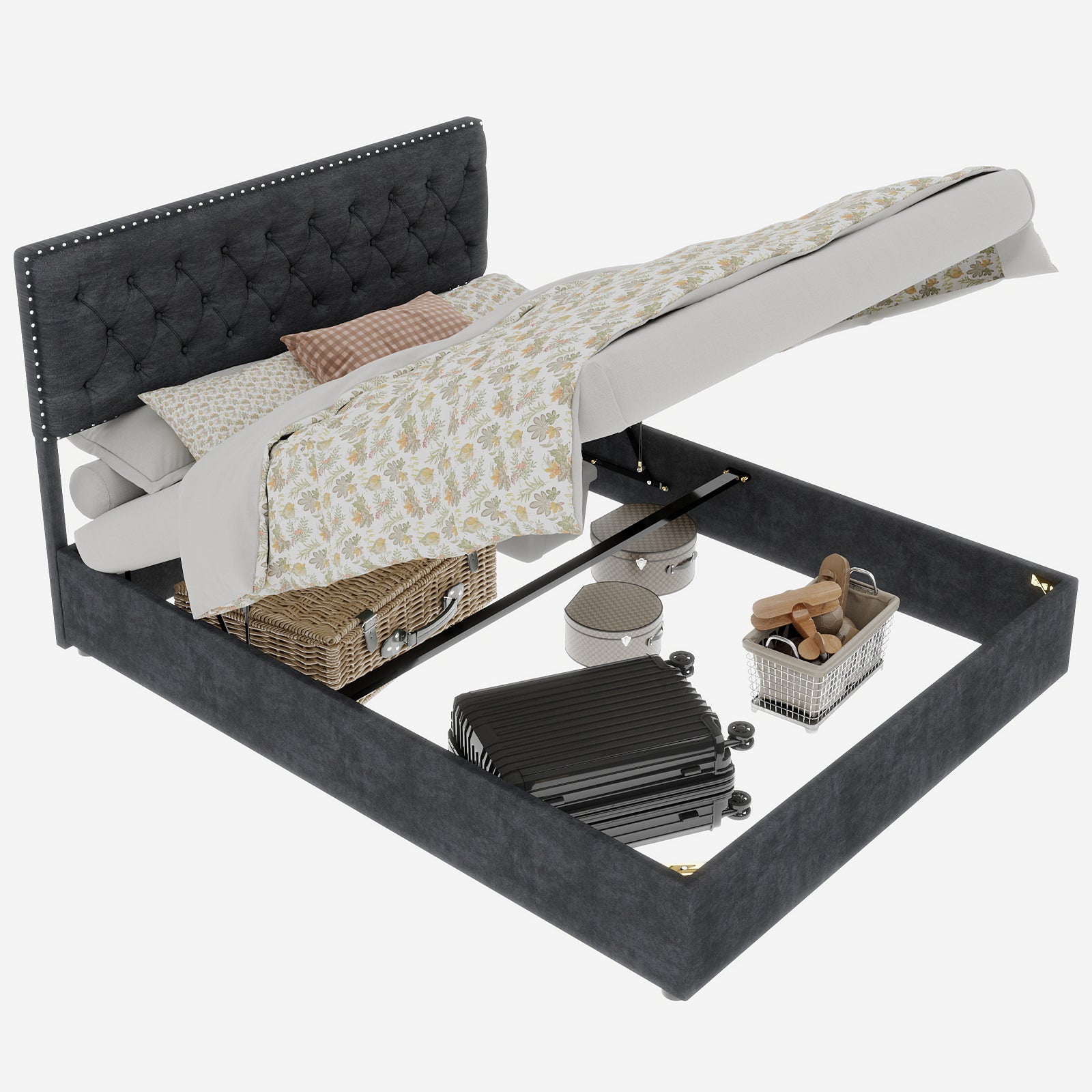 Letto contenitore matrimoniale 160x200 cm, doghe in legno, testiera, velluto grigio, senza materasso - 6