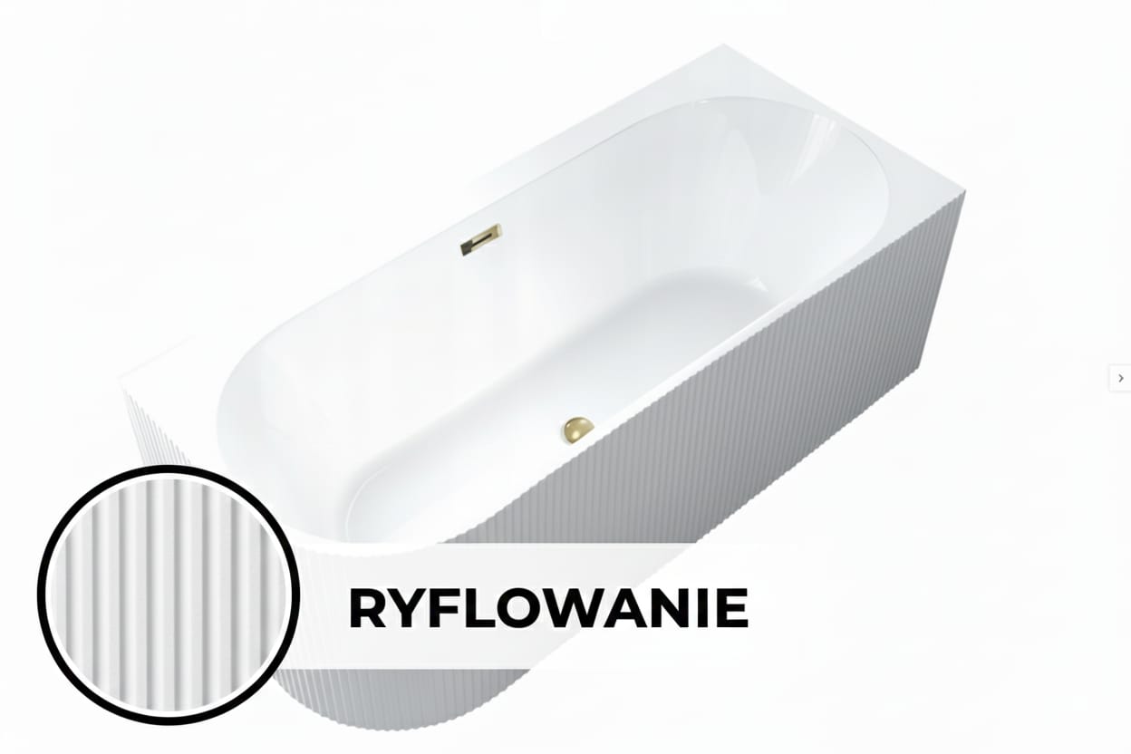 Wanna wolnostojąca CRETE PRAWA PLUS 170 x 75 cm biała system przelewowy pionowe paski ryflowana prążkowana AKCESORIA SZARE (KOREK I PRZELEW)