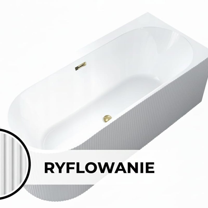 Wanna wolnostojąca CRETE PRAWA PLUS 170 x 75 cm biała system przelewowy pionowe paski ryflowana prążkowana AKCESORIA ZŁOTE (KOREK I PRZELEW)