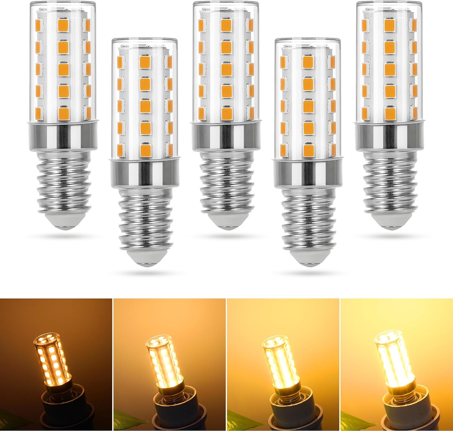 Zestaw 5 ściemnialnych żarówek LED E14, ciepła biel 3000 K, prąd zmienny 220 V, 350 lm, zamiennik 3 W żarówek 30–35 W, [klasa energetyczna E]