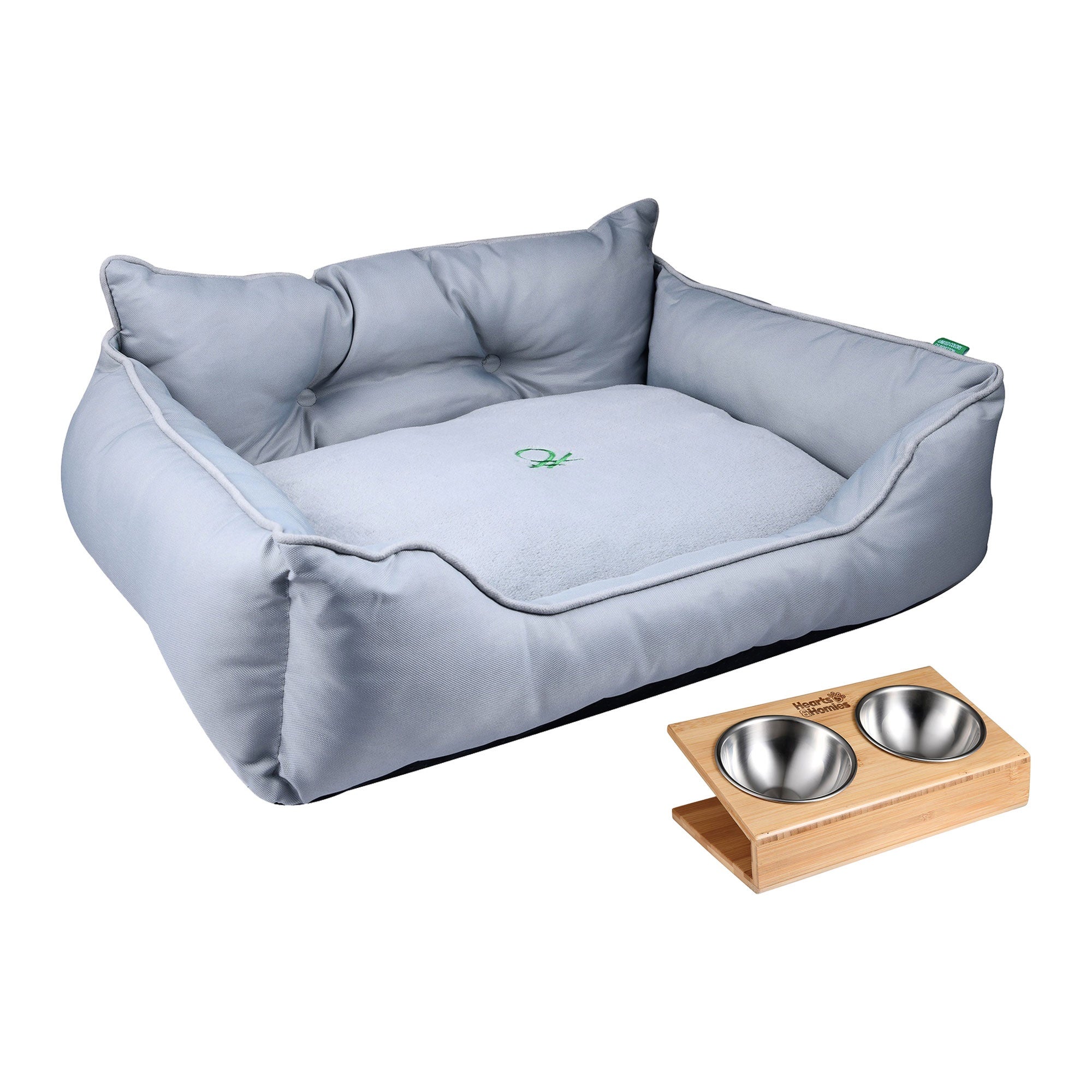 Cama para mascota 75x60x25cm poliester gris y comedero fuente