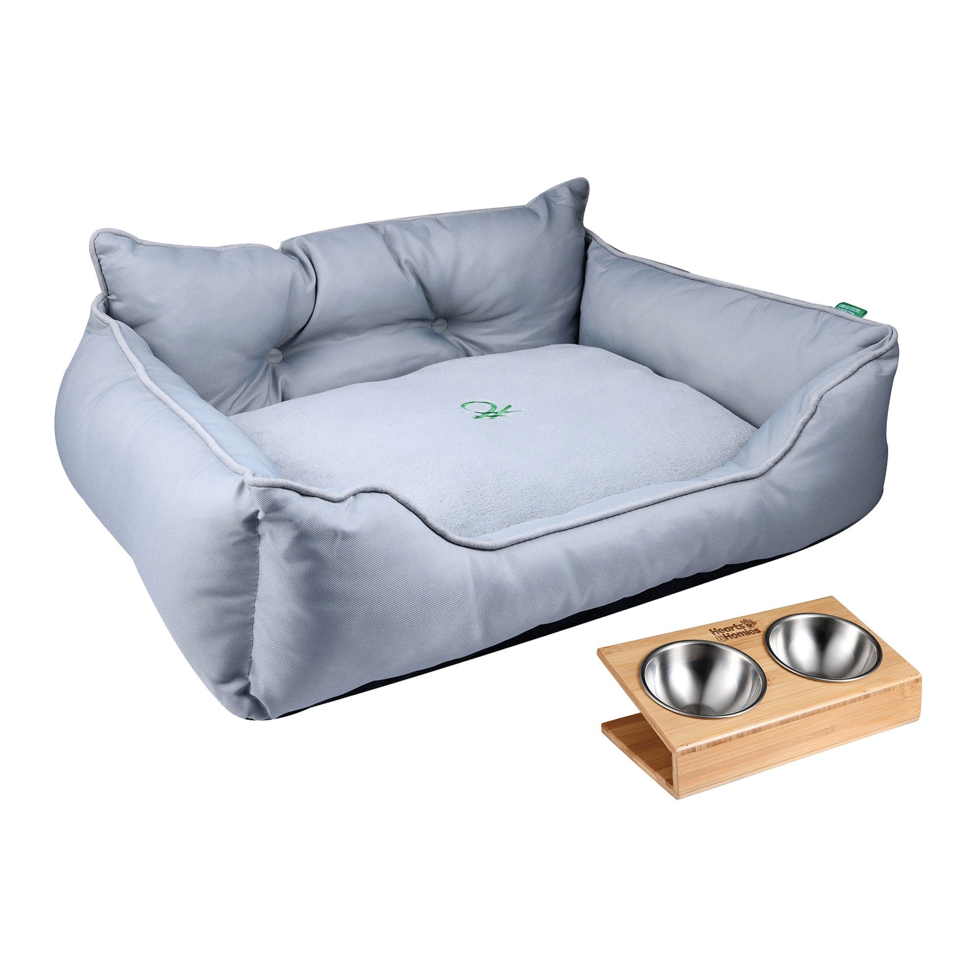 Cama para mascota 75x60x25cm poliester gris y comedero fuente