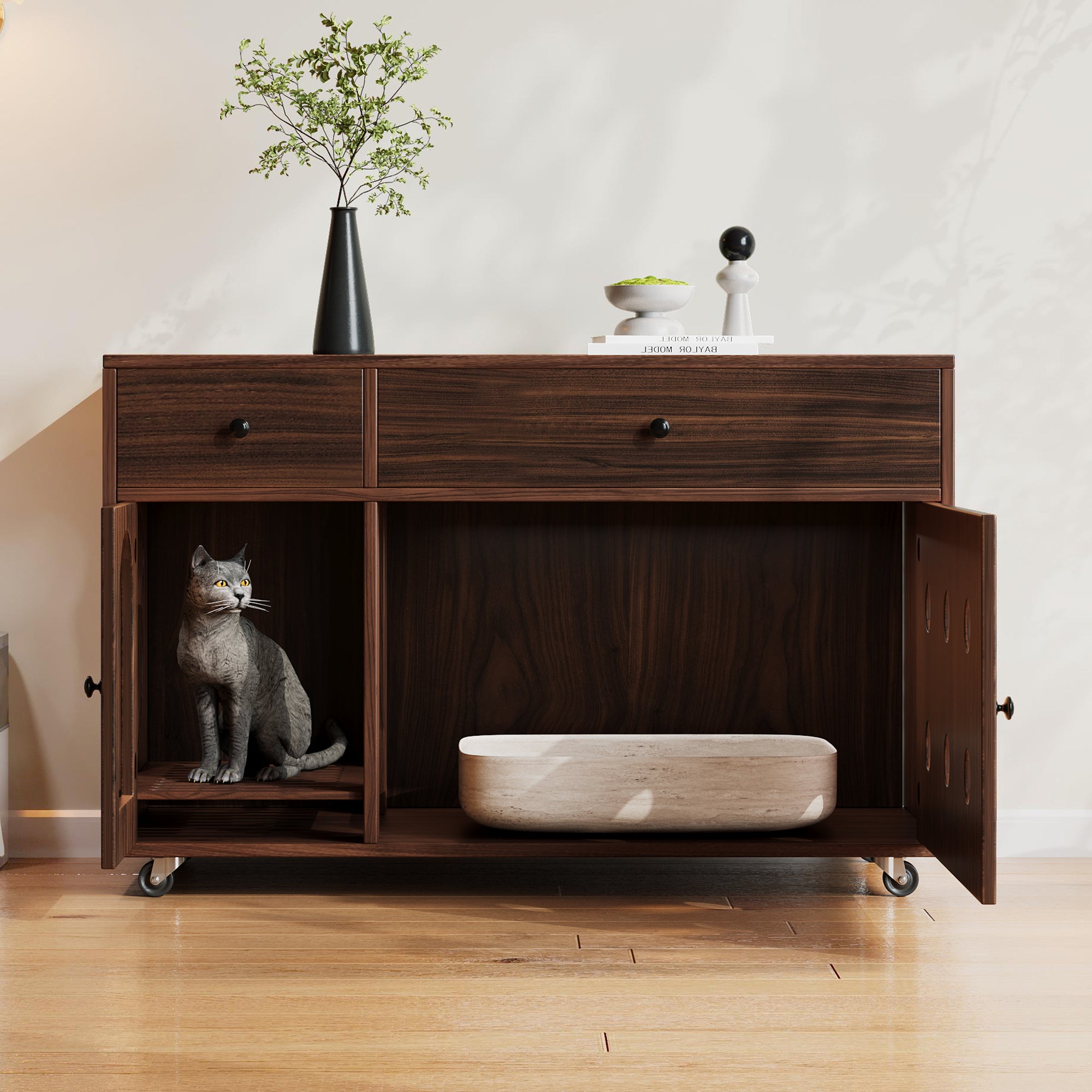 Caixa de areia móvel para gatos com 2 gavetas e 1 porta - 100 x 45 x 66 cm - MDF - Nogueira - 5