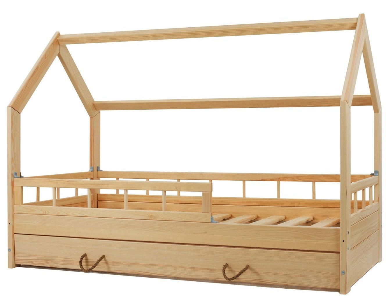 Lit Enfant Maison En Pin 90x200cm - Avec Barreaux De Sécurité - Design Cabane - Bois Naturel