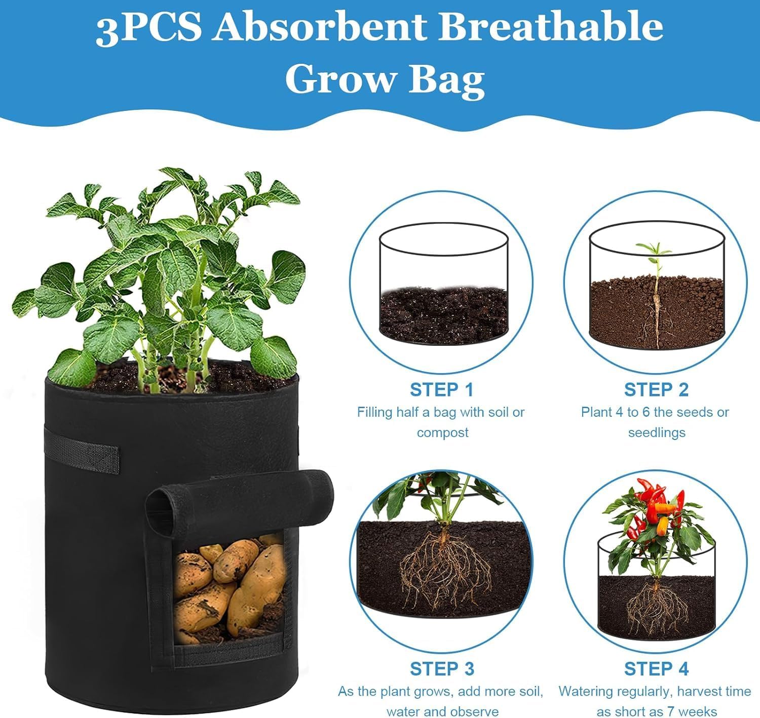 5 Pièces Sac de Culture de Pommes de Terre, 10 Gallons Sac de Plantation avec Fenêtre et Poignée, Sacs de Culture en Tissu Non Tissé Respirant - 5