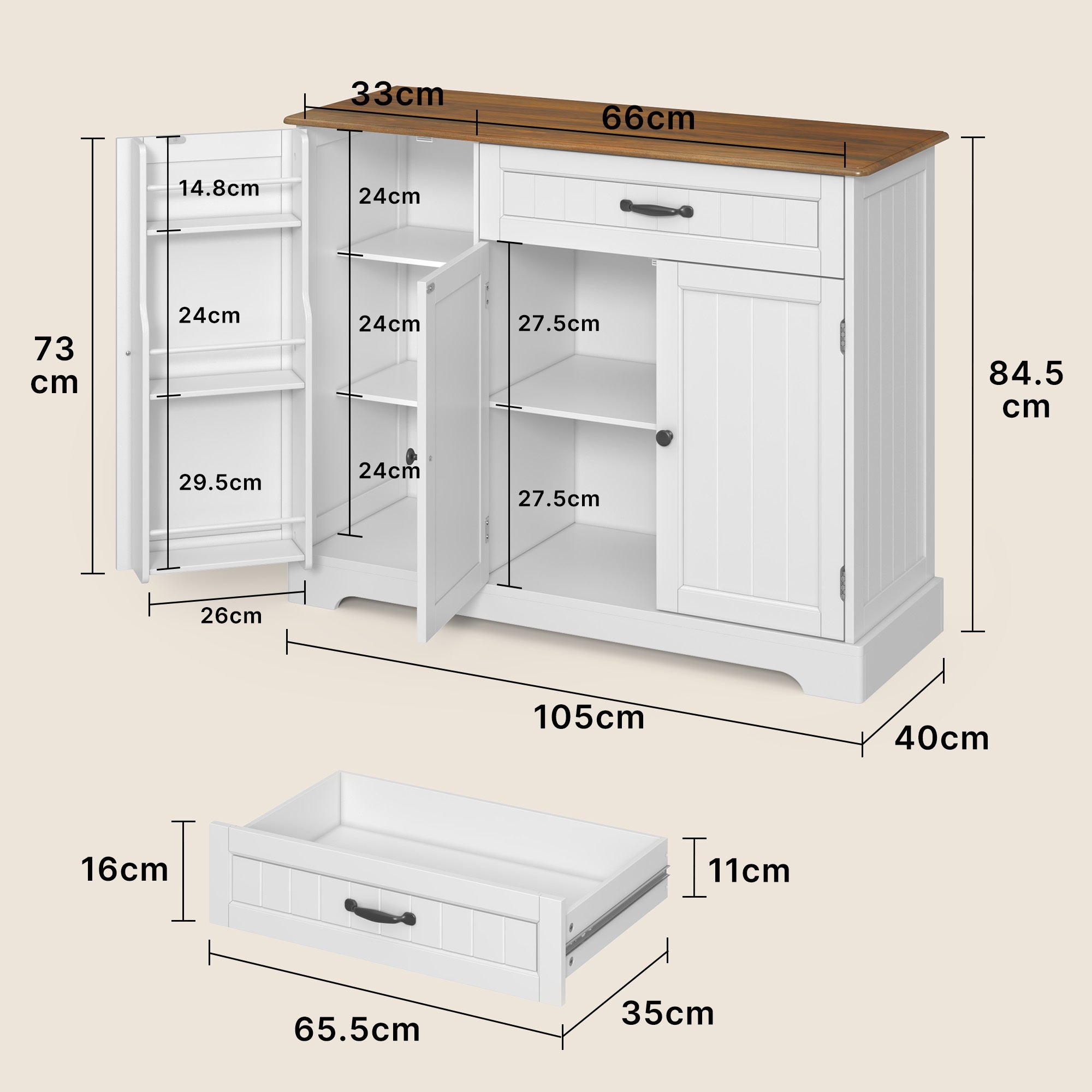 Buffet de Cuisine 3 Portes 1 Tiroir 105 x 40 x 84.5 cm Marron Bealife - 3