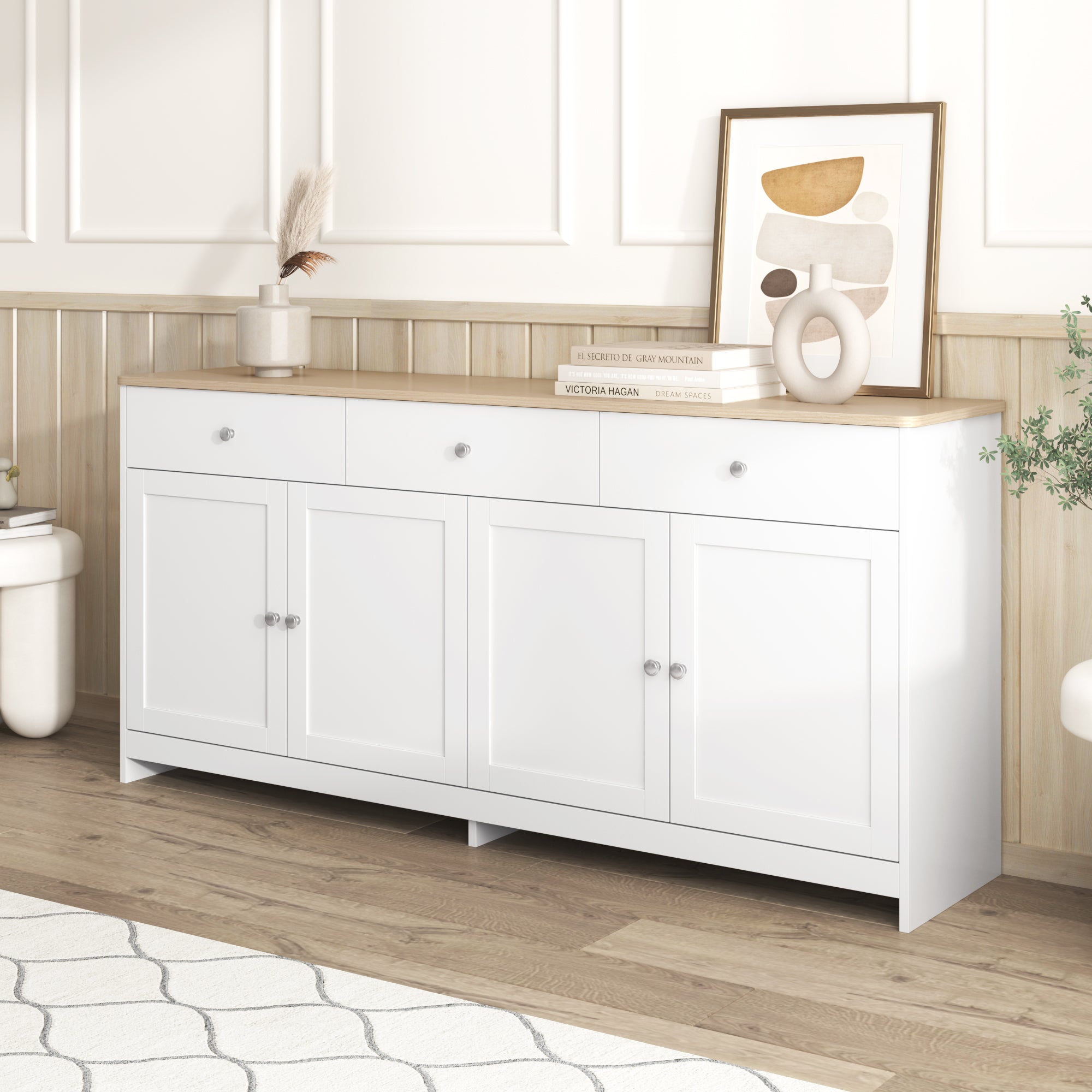 Buffet bas avec 4 portes et 3 tiroirs - bois MDF - décor chêne et blanc - pour salon ou cuisine - 160 x 37 x 75 cm - 6