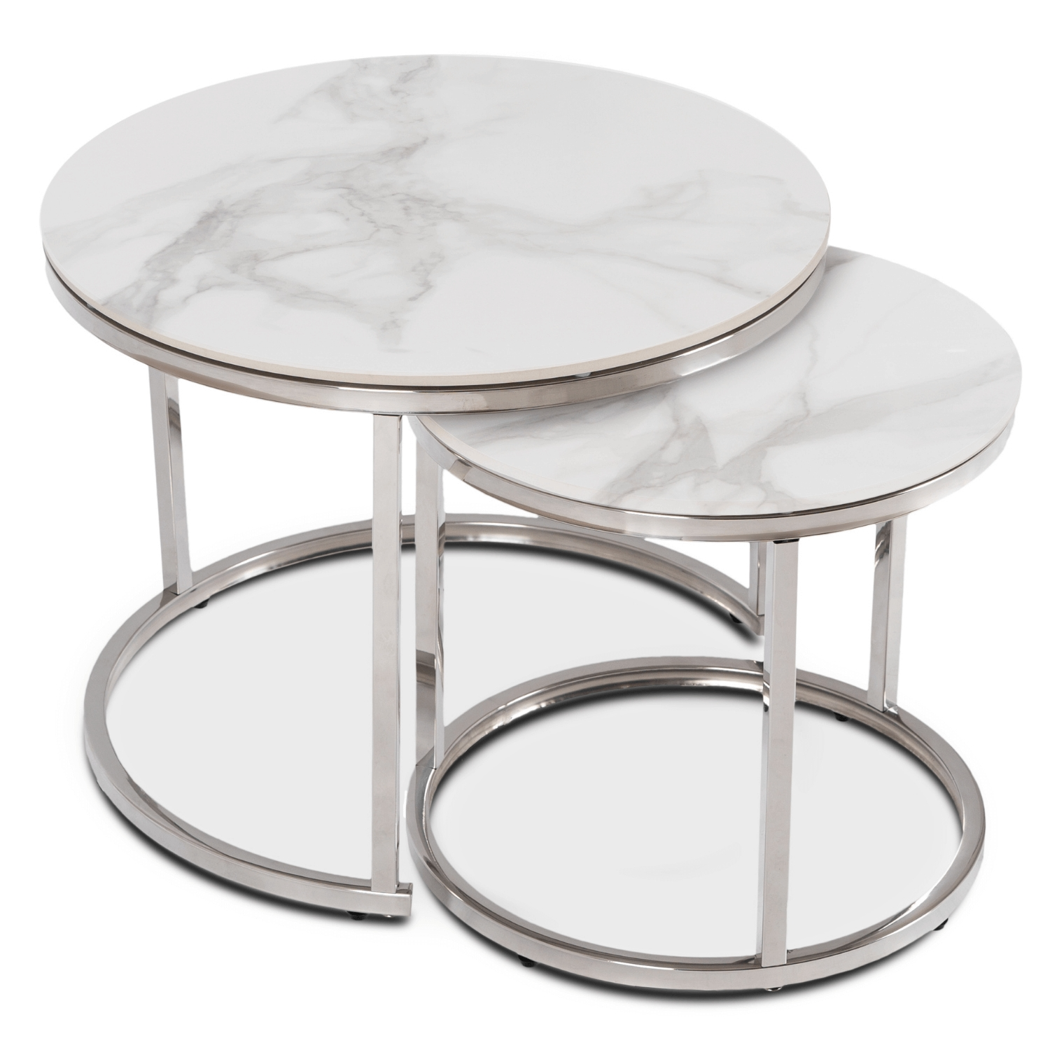 Stolik Kawowy Okrągły Zestaw 2w1 Ława Glamour Marmur Biały Srebrny AMARA