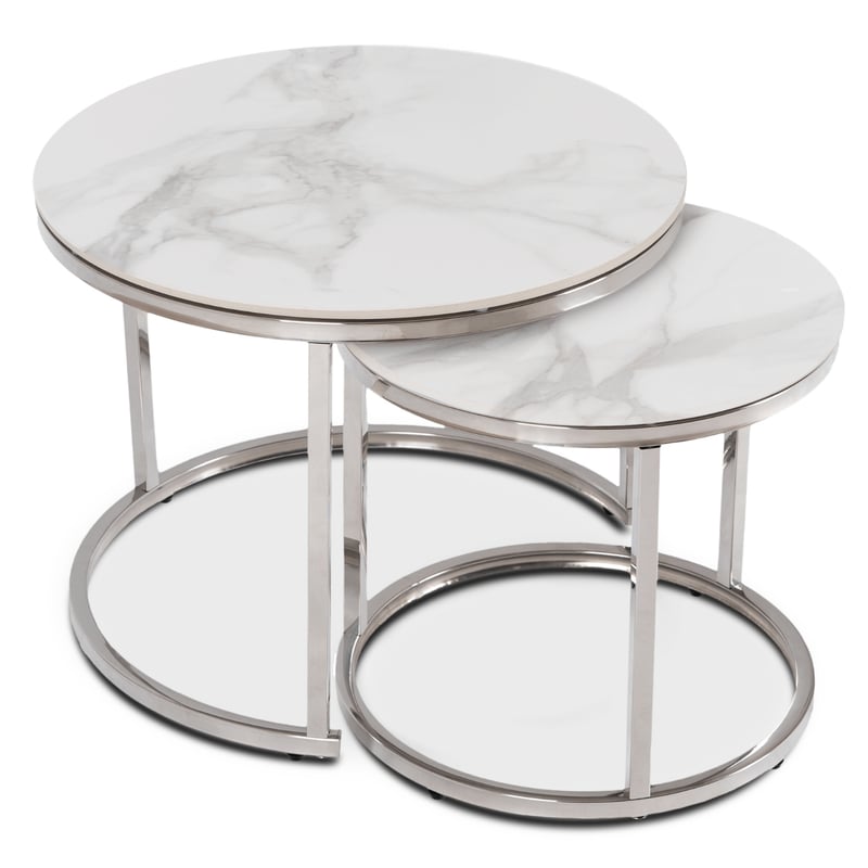 Stolik Kawowy Okrągły Zestaw 2w1 Ława Glamour Marmur Biały Srebrny AMARA